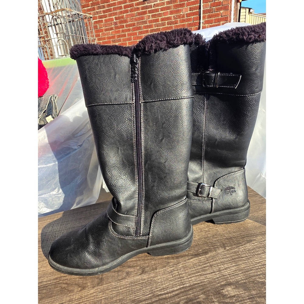 Totes Womens Black Faux Fur Trim Tall Winter Boots Buckle Straps Size 8